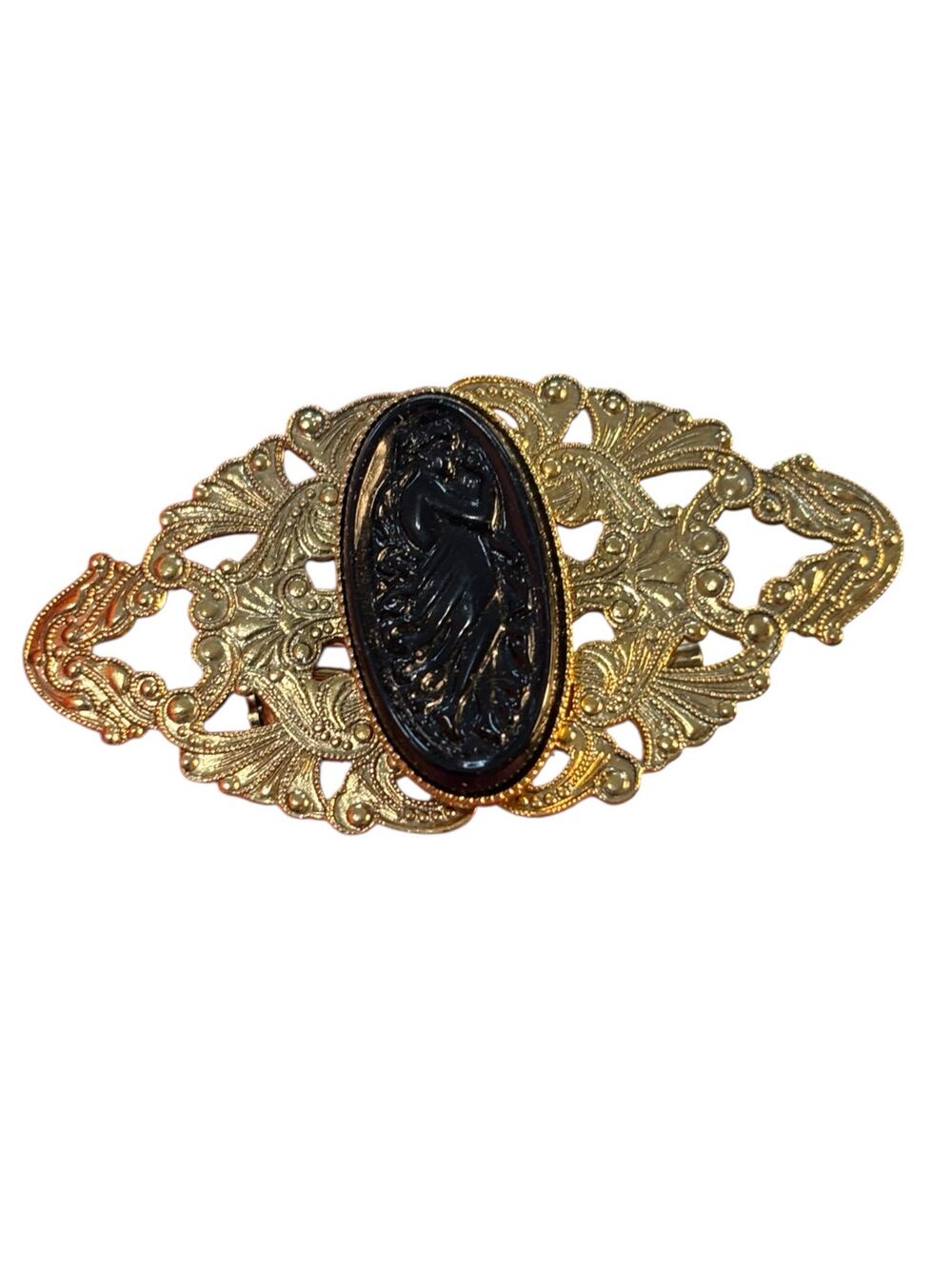 Vintage Black Cameo Brooch Gold Tone Filigree Lady Intaglio Victorian Revival